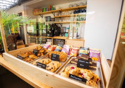 various pastries and bread on display