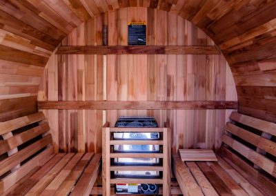 inside of a wooden, tubular jacuzzi