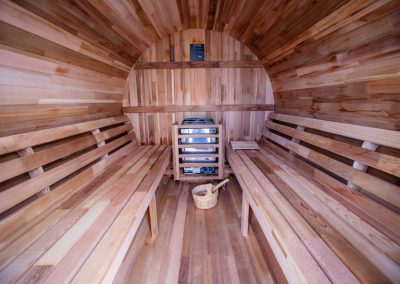 inside of a wooden, tubular jacuzzi